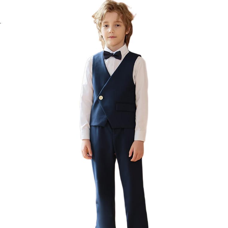 Yinuofang Children's Suit Set with Vest, Performance Outfit for Boys, Navy Blue Single-Breasted Vest Set, 120CM