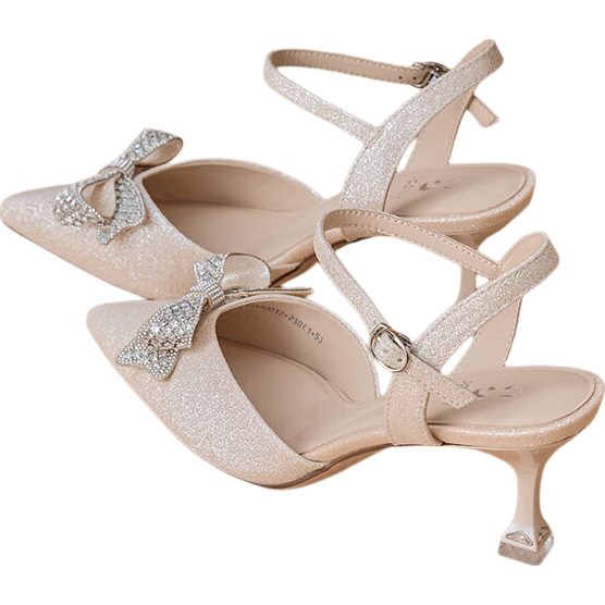 Josiny French Style Pointed Toe High Heels Women 2026 Summer New Rhinestone Bowknot Ankle Strap Stiletto Wedding Shoes Rose Gold 37