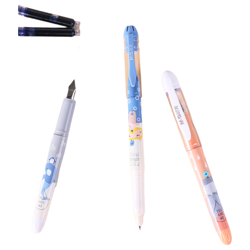 M&G (M&G) Direct Liquid Erasable Fountain Pen, 3.4mm Nib Diameter, Student Writing Pen Ink Set (2 Pens, 6 Pure Blue Ink Cartridges), Card Packaging HAFP0712