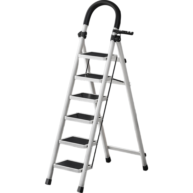 Huakaizhi Xing Folding Ladder, Household A-Frame Ladder, Multi-Functional Pipe Wall Thickened Carbon Steel Indoor Small Ladder, TZ62 White Six Steps