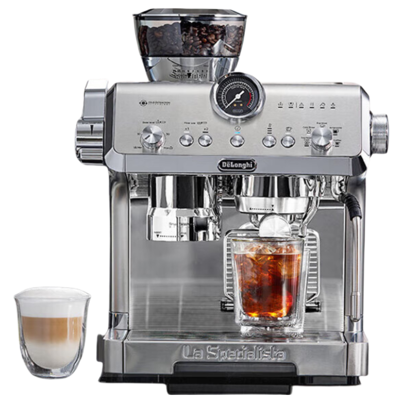 Delonghi Semi-Automatic All-in-One Coffee Grinder Machine Home Small Coffee Maker 19Bar Upgraded Steam Wand Milk Frothing System Full Metal Panel Body EC9555.M