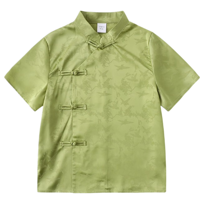 ZhiMu Boys' New Chinese Style Satin Frog Button Stand Collar Shirt 2025 Summer Kids Green 140
