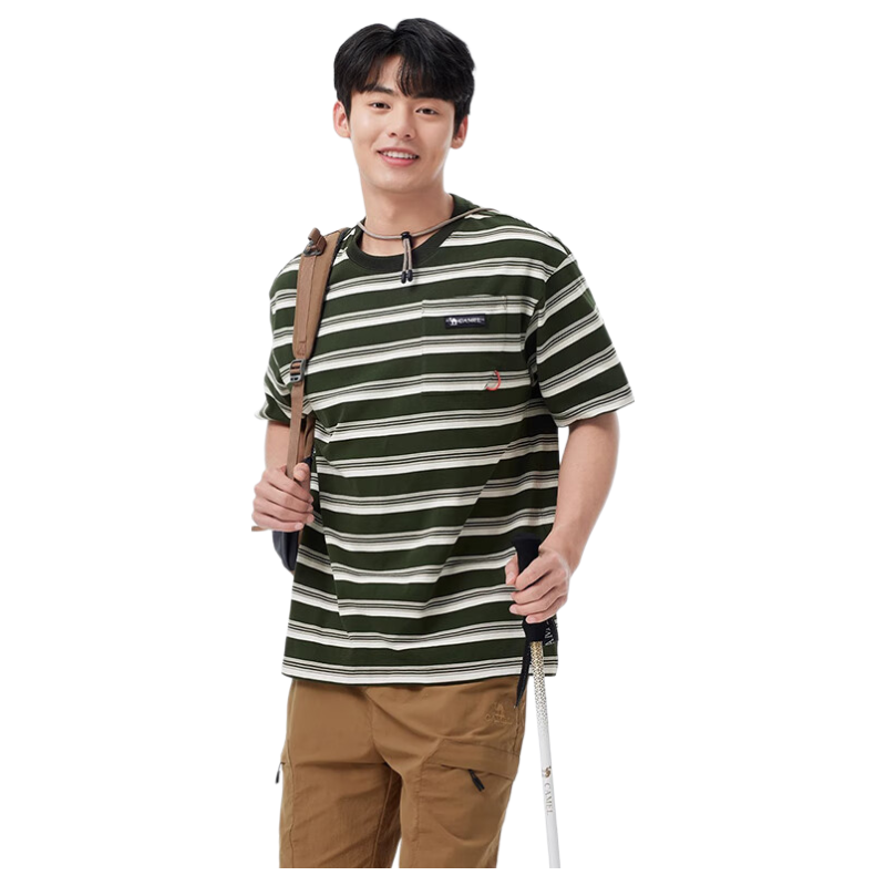 CAMEL 100% Cotton Outdoor T-Shirt Women Spring Summer Breathable Loose Fit Stretchy Striped Short Sleeve Top Men V010