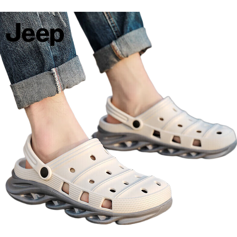 JEEP Men's Fashion Korean Style Hollow Breathable Simple Non-Slip Beach Shoes Soft Sole Sandals P210MTX058 Gray Size 40