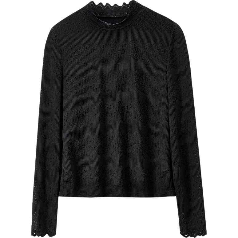 Sentubila Semi-Turtleneck Floral Textured Lace Slim Fit Long Sleeve Top for Women Autumn Hollow Out Inner Layer Shirt