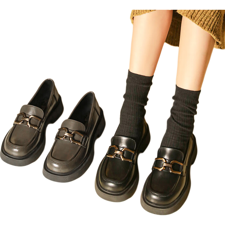 Dusto Round Toe Versatile Leather Shoes for Women, 2026 New Spring Slip-On Women's Shoes, Black Thick-Soled Heightening Loafers