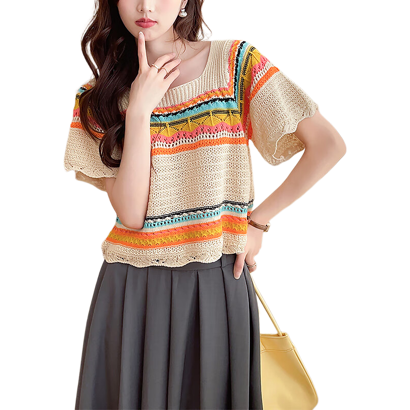 Tangshi 2026 Fashionable Youthful Casual Colorful Striped Women's Short Sleeve Pullover Sweater