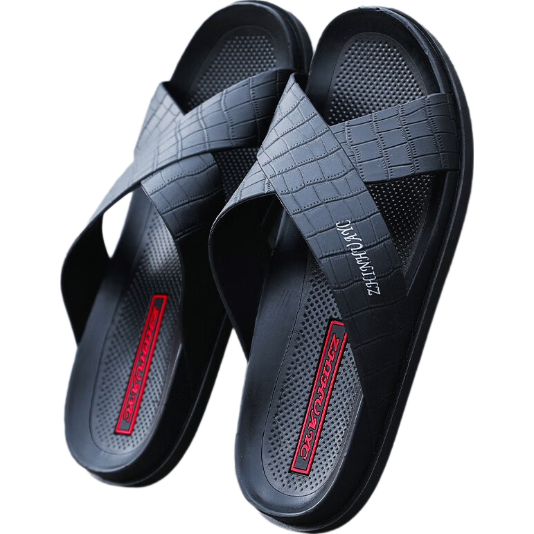 Huamei Jianbu Cross Men's Indoor Outdoor Commuting Slippers Casual Beach Open-Toe Breathable Soft Sole Sandals HM6027 Black Size 45
