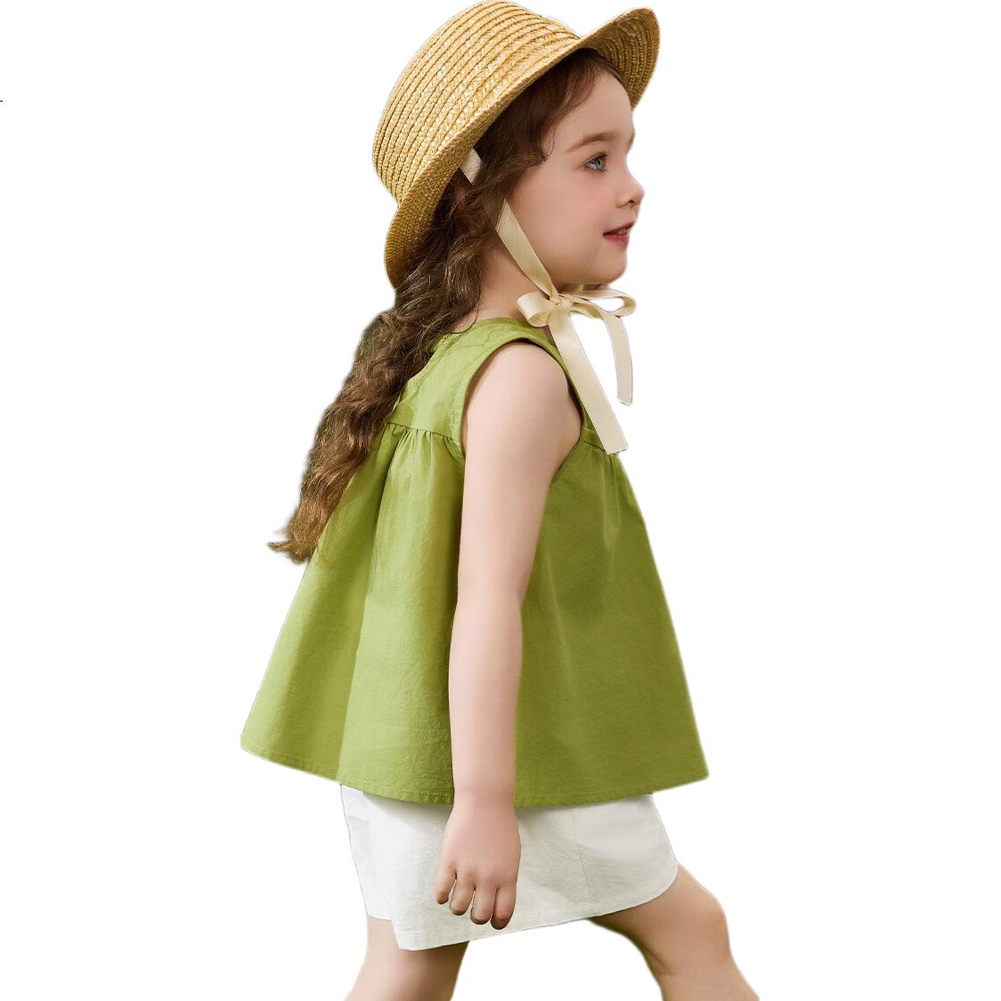 ASK JUNIOR Children's Summer Set, Sleeveless Vest Top for Young Kids, Casual Shorts, Forest-Style Girls' Pure Cotton Two-Piece Outfit, Green, Size 130