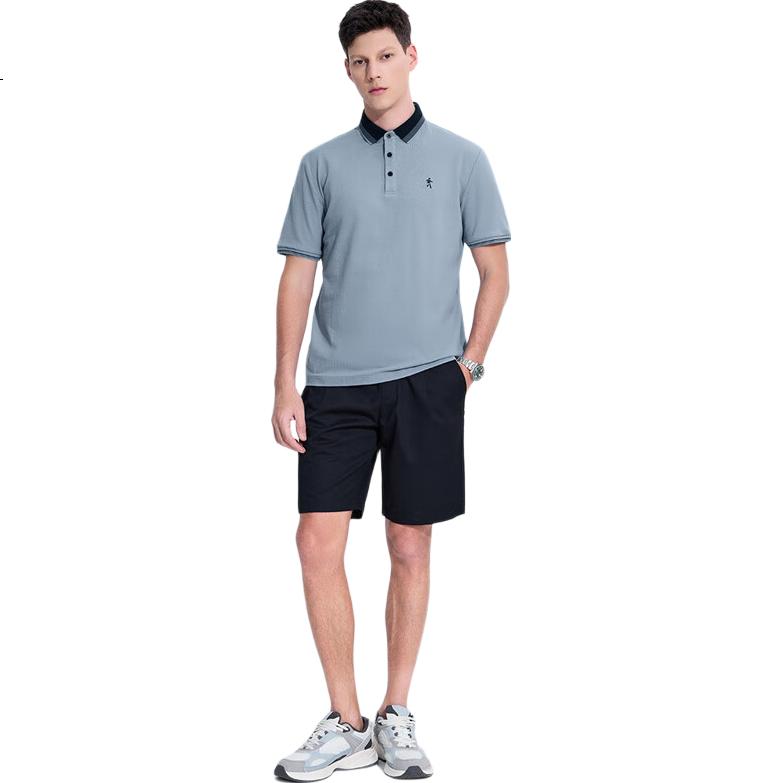 DANCING WOLVES [100% Pure Cotton] Summer Business Commute Breathable Men's Short-Sleeve Polo Shirt, Light Blue, Size 170