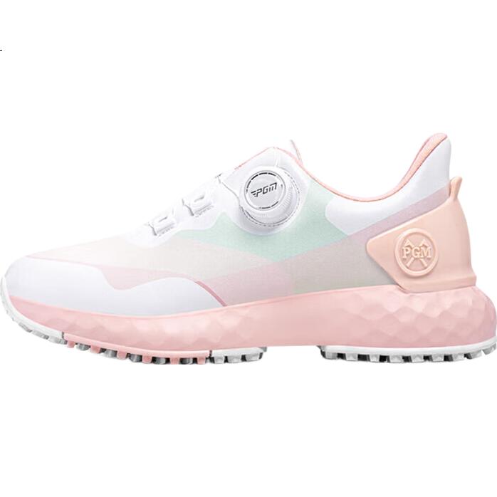 PGM Women's Waterproof Golf Shoes with Rotary Buckle, Non-Slip Sneakers, Golf Cleats, White And Pink, Size 37