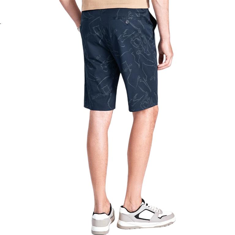 DANCING WOLVES [Cotton Spandex & All-Over Adult Label] Summer Breathable Skin-Friendly Flat Waist Casual Shorts, 102 Dark Blue, Size 31