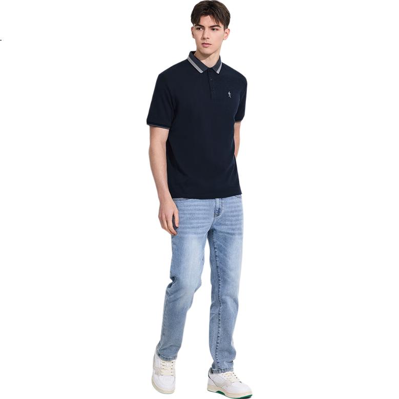 DANCING WOLVES [100% Pure Cotton] Summer Business Commute Breathable Men's Short-Sleeve Polo Shirt, 102 Navy Blue, Size 180