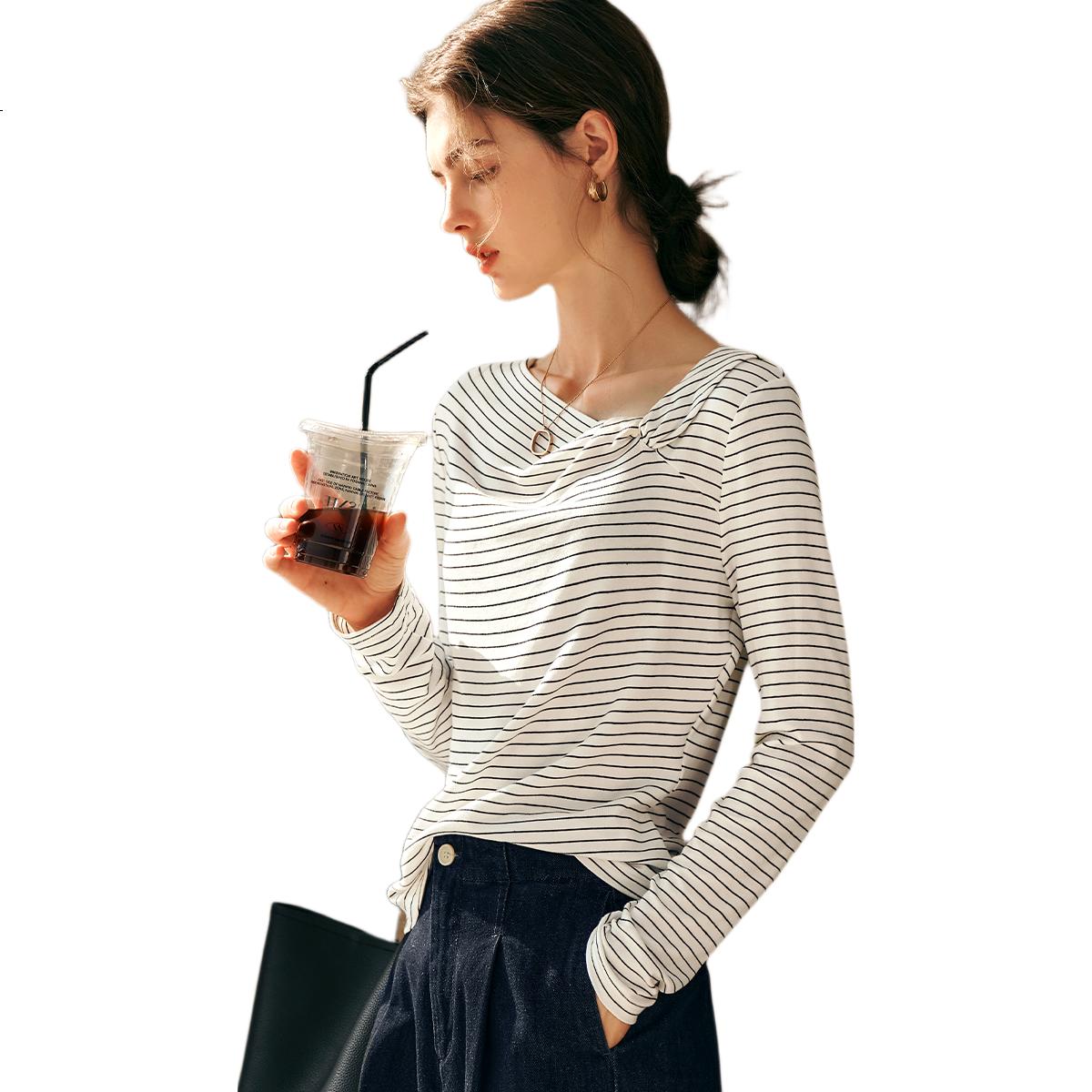 Oulain Black Baitiao Pattern T-Shirt Women's Autumn Irregular Commuter Design Long Sleeve Black Baitiao Pattern Size L