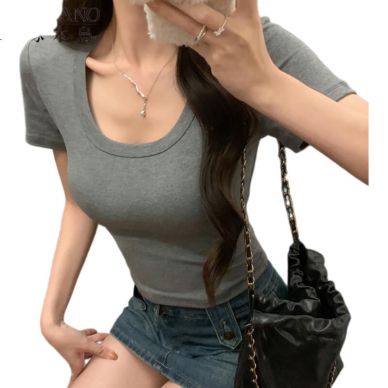 TUCANO Women's Short-Sleeve T-Shirt, Solid Color Simple U-Neck Crop Top, Summer Hot Girl Versatile Regular Shoulder Midriff Half Sleeve Blouse, Black, 2XL