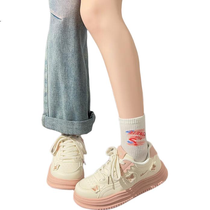 Huili Pink Butterfly Platform Shoes for Women, New Soft-Soled Comfortable Casual Shoes, Beige Pink, Size 36 (Runs Small Half Size)