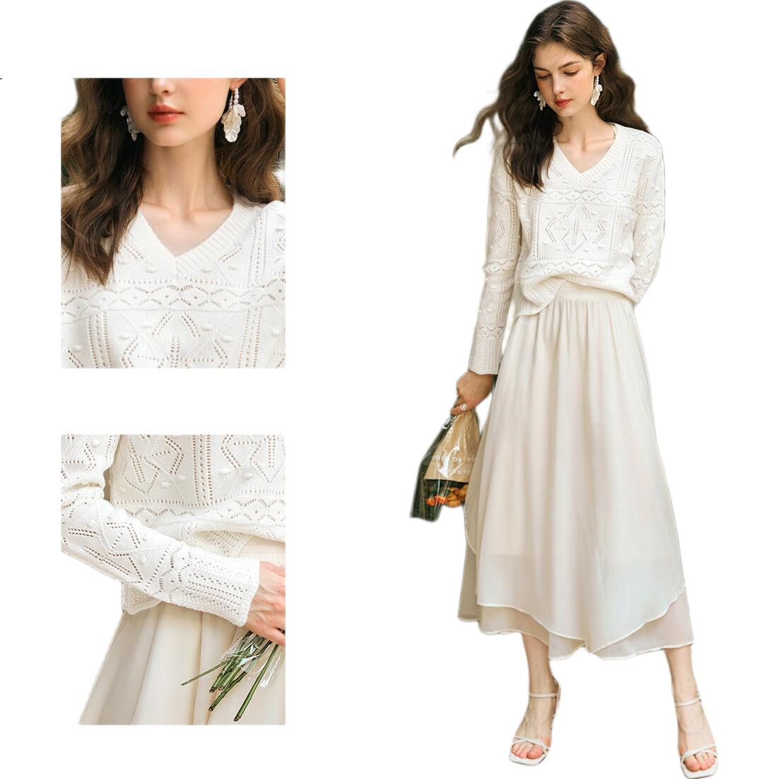 Oulain Apricot White Knit Sweater, Spring Women's Wear, Vacation Style, Small V-Neck, Perforated Top, Apricot White, M