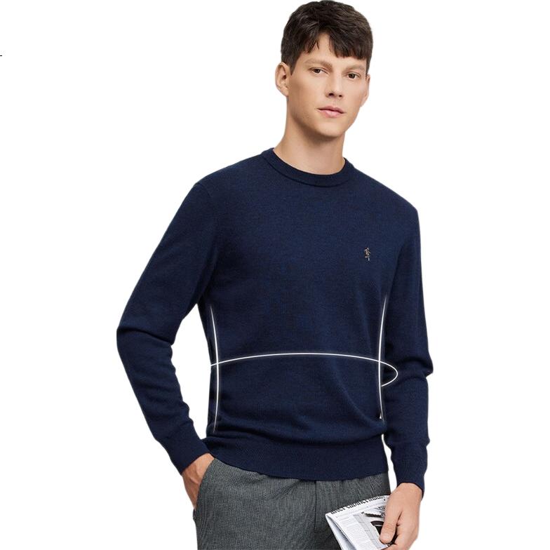 DANCING WOLVES [100% Merino Wool] Men's Fashionable Versatile Warm Casual Sweater, 102 Dark Blue, Size 185