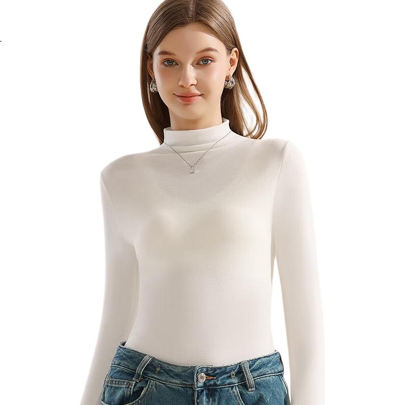 MiiOW New Thermal Velvet Women's Base Layer Long Sleeve Turtleneck Ribbed Stretch Slim Fit Top White M