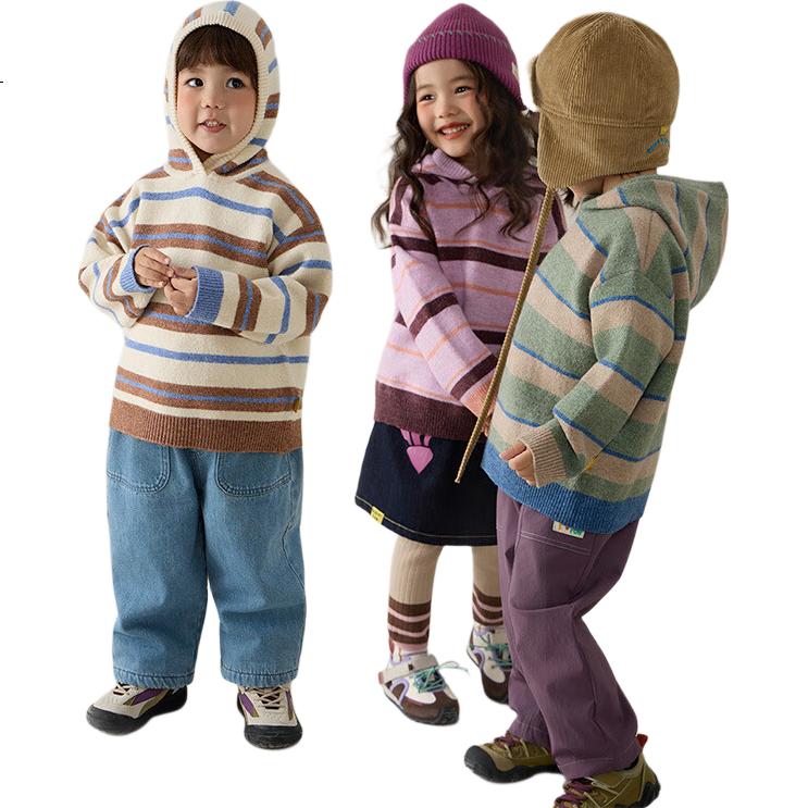 Papapapa Autumn Winter New Children's Sweater Boys and Girls Stylish Striped Hooded Loose Knit Pullover Pink Size 90