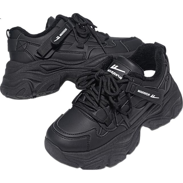 Warrior Official Women's Dad Sneakers Winter 2025 New Fleece Warm Sports Shoes Versatile White Sneakers Black Size 40
