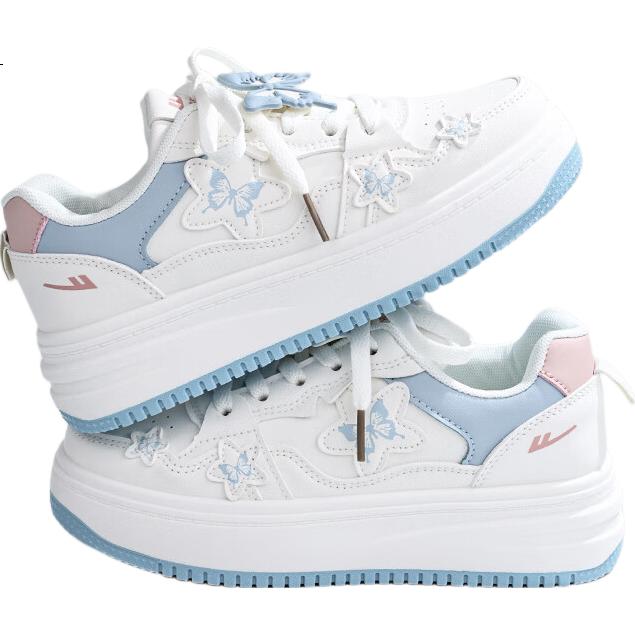 Warrior Butterfly Women's Autumn New Versatile Thick-soled White Sneakers Mesh Shoes Light Blue 37
