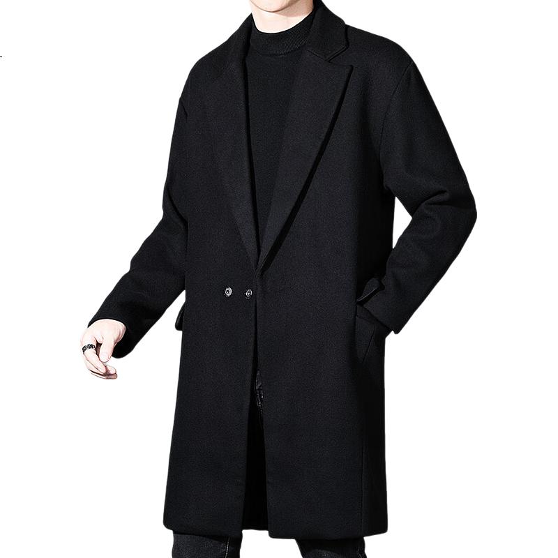 ROMON Men's Mid-Length Woolen Coat Autumn Winter Business Casual Warm Wool Overcoat 1929 Black 2XL
