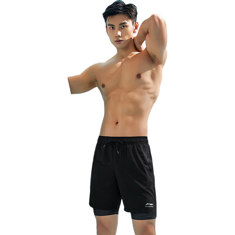 LI-NING Swimming Trunks, Double-Layer Anti-Embarrassment, Knee-Length Swim Shorts, 607/3961 Basic Knee-Length Black, XXL