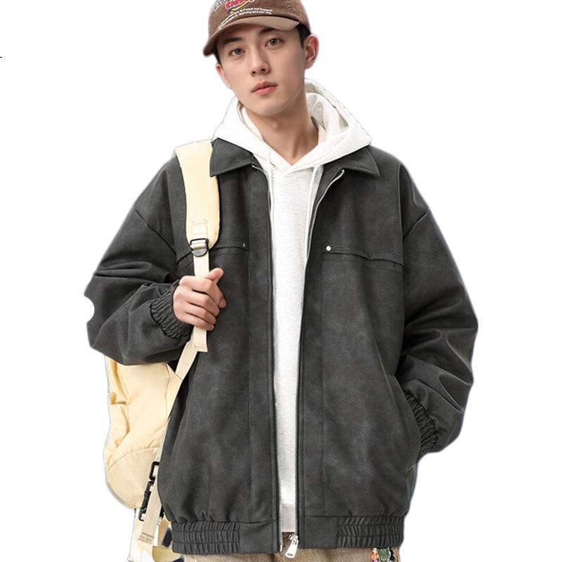 I'M DAVID Men's American Vintage Street Style Versatile Textured Leather Jacket Spring Autumn Windproof Short Oversized Coat Black L