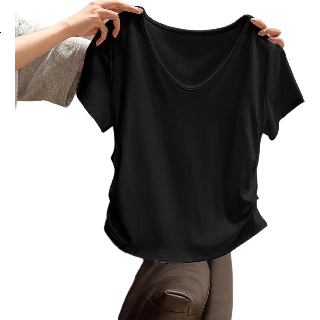 Woodpecker Women's Loose Fit Short Sleeve T-Shirt Summer New V-Neck Ruffled Waist Slim Crop Top White 2XL