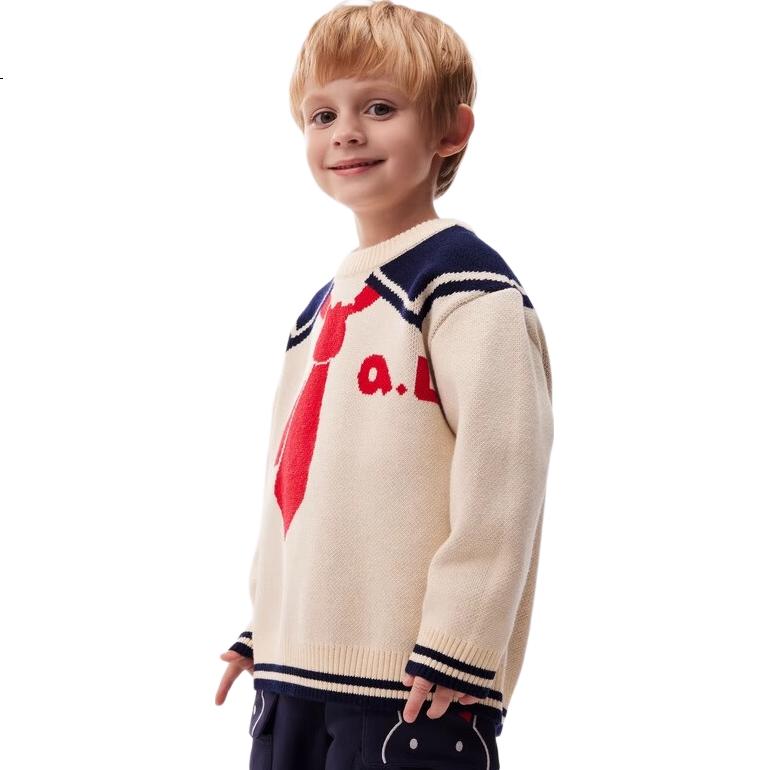 Allo&lugh New Knitted Pullover Sweater Jacket for Boys, College Style, White, Size 140