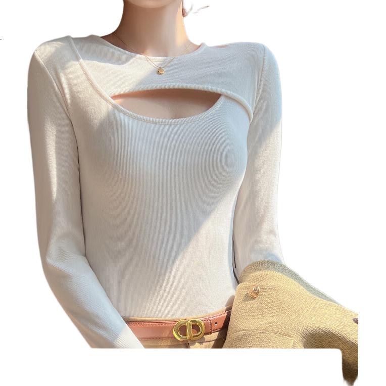 MiiOW Women's Round Neck Hollow Out Base Shirt 2025 Autumn New Simple 7A Grade Antibacterial Silk Protein Top