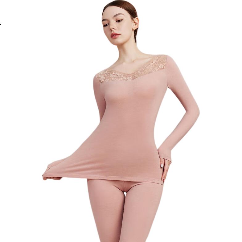 Qiulu Women's Thermal Underwear Autumn Winter Base Layer Comfortable Slim Fit V-Neck Top and Bottom Set Lotus Pink M