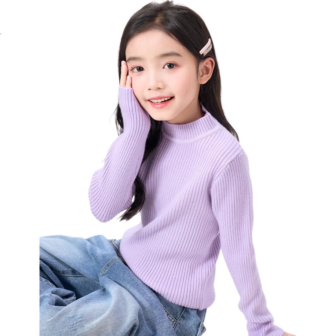 TonLion Girls Solid Color Base Shirt Autumn Winter New Thin Sweater Mid-Large Kids Warm Knitted Top Trendy Black 150