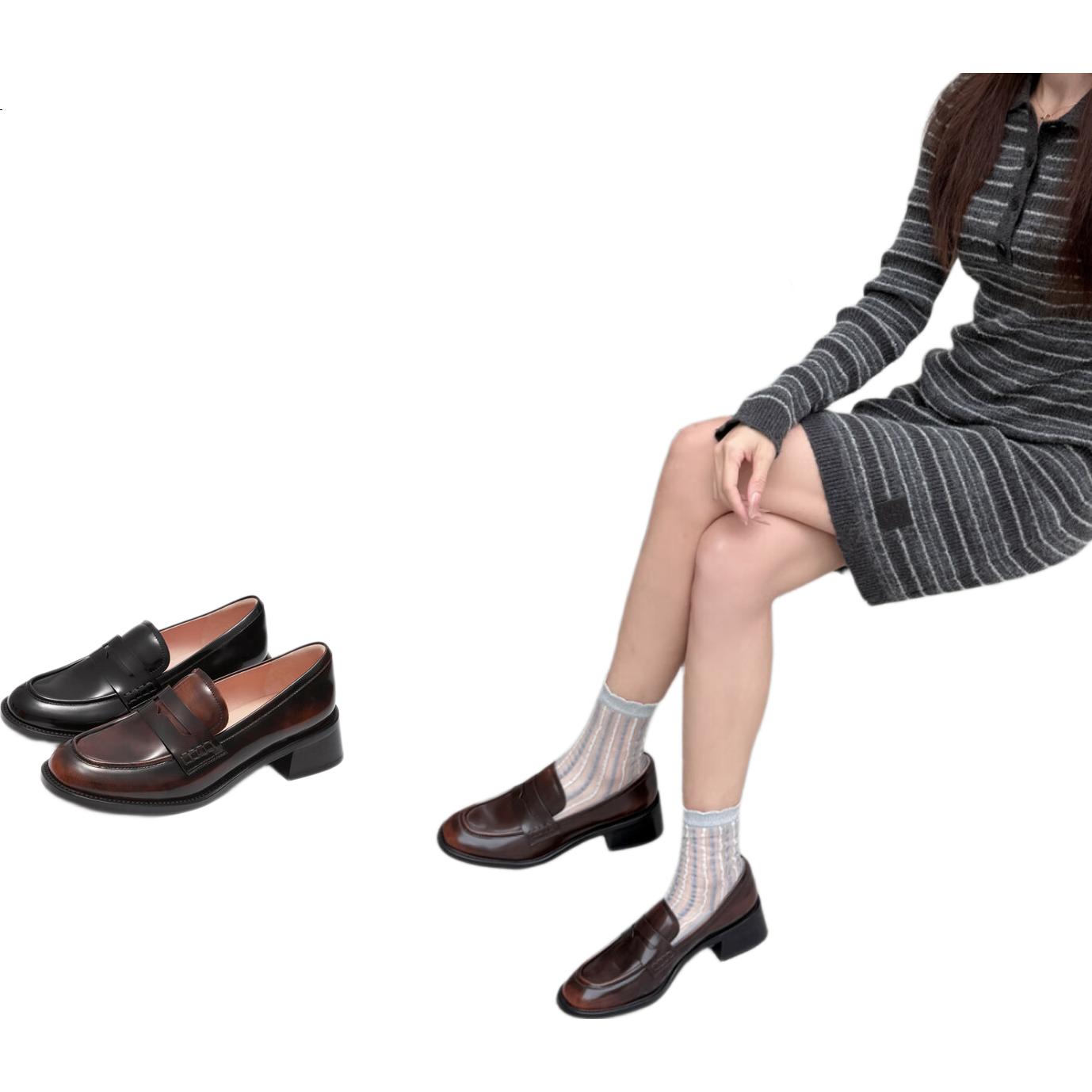 Le Saunda British Retro JK Solid Color Round Toe Mid-Heel Platform Loafers Women's Shoes 41901, Black BKB, Size 35