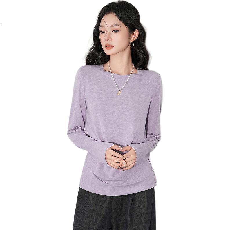 Woodpecker Cashmere Soft Long Sleeve T-Shirt Women Autumn New Thin Loose Round Neck Base Shirt Purple XL