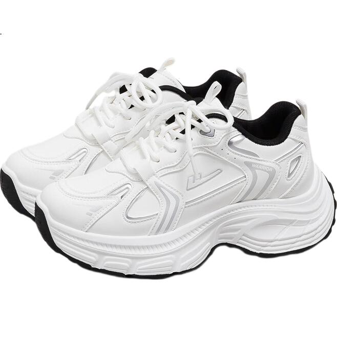 Warrior Women's Sports Shoes 2025 Autumn New Thick-Soled Leather Casual Breathable Dad Sneakers Silver 36