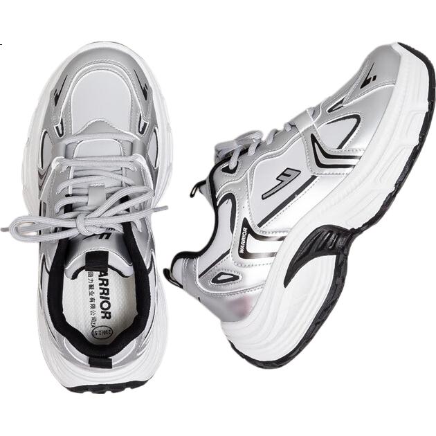 Warrior Women's Athletic Shoes 2025 Autumn New Thick-Soled Leather Casual Breathable Dad Sneakers Silver Gray Black Size 37