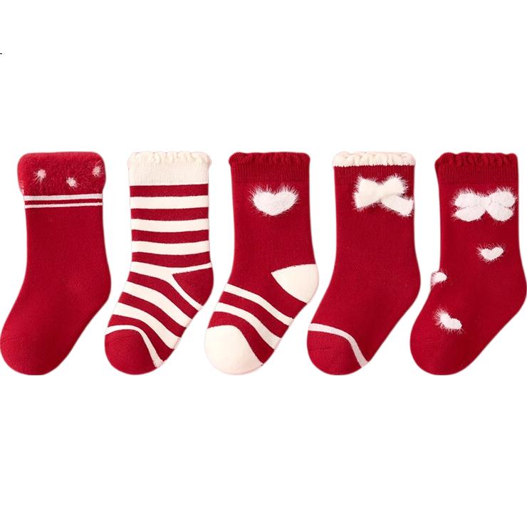 Mianqixiong Baby Socks Autumn Winter Thickened New Year Terry Socks Infant Girls Warm Red Mid-Calf Socks Winter Toddler
