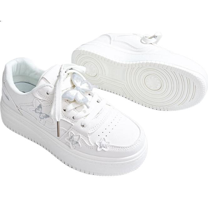 Warrior Butterfly Women's Autumn New Versatile Creamy Fufu Thick Sole White Sneakers Canvas Shoes Mesh Student Shoes Off-White 37