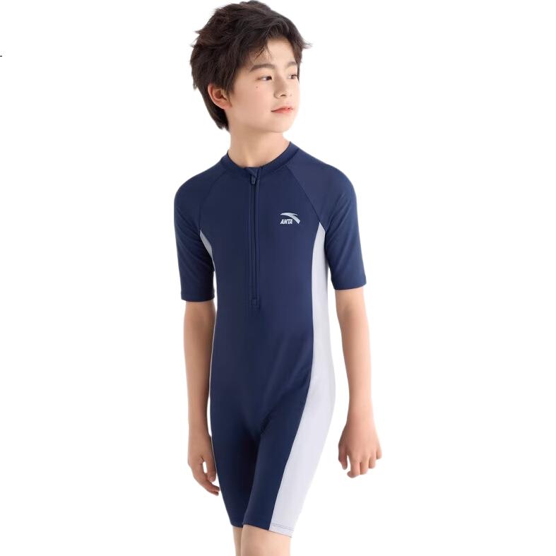 ANTA Boys' Swimwear 2024 New Kids' One-Piece Quick-Dry Youth Professional Training Swimsuit Blue White 170