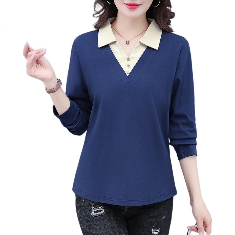 Woodpecker Women's Long Sleeve Polo Shirt Fake Two-Piece Autumn New Large Size Base Shirt Blue 3XL