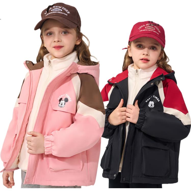 Disney Girls' Hooded Jacket with Fleece Lining 2-in-1 School Uniform Windproof Coat for Older Kids