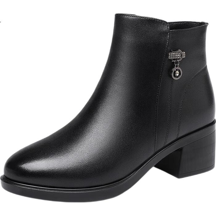 Red Dragonfly Women's Short Boots, Mom Style, Fleece Lined Warm Boots, Chunky Heel Leather Mid Heel Cotton Boots WTC434421C