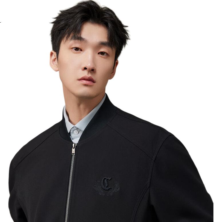 CABBEEN Men's Autumn Long Sleeve Jacket with Faux Wool Twill TR Heavy Floral Pattern Embroidery