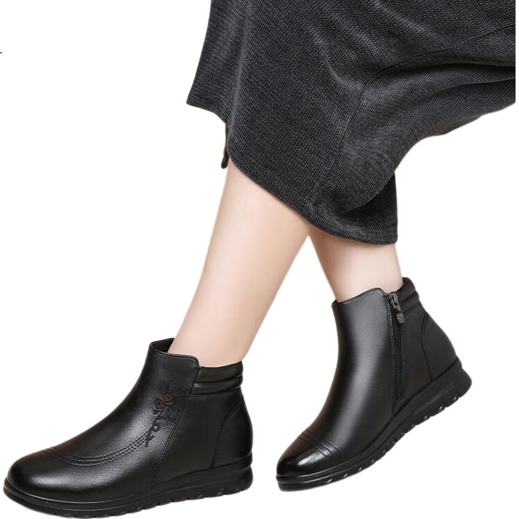Red Dragonfly Women's Short Boots Fleece Lined Warm Slim Fit Elegant Middle-aged Mom Leather Boots WTC437681Z