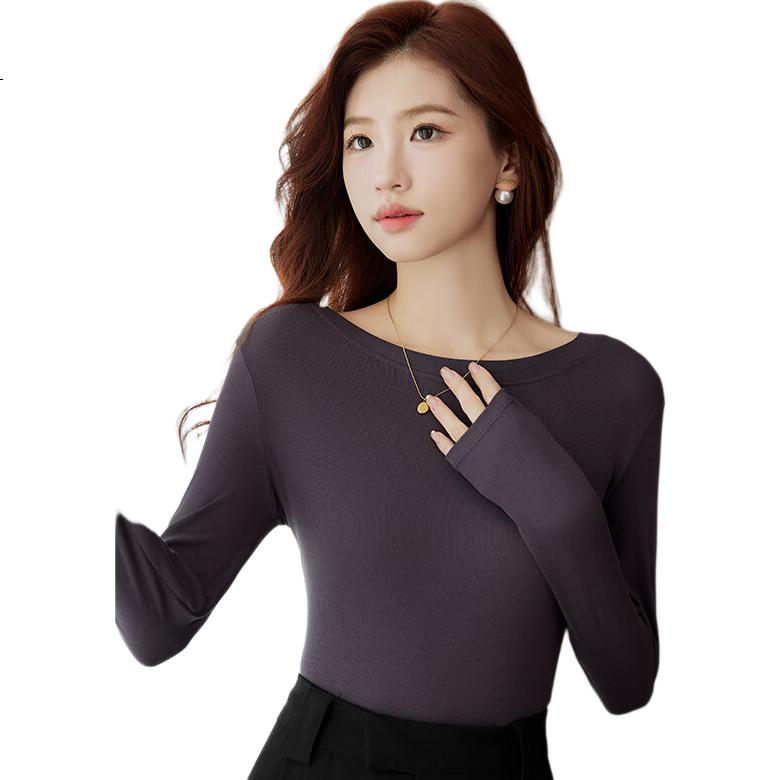 LangSha Women's Spring and Autumn Long Sleeve Slim Fit Round Neck Basic T-Shirt Simple Solid Color Slimming Chest-Enhancing Base Top
