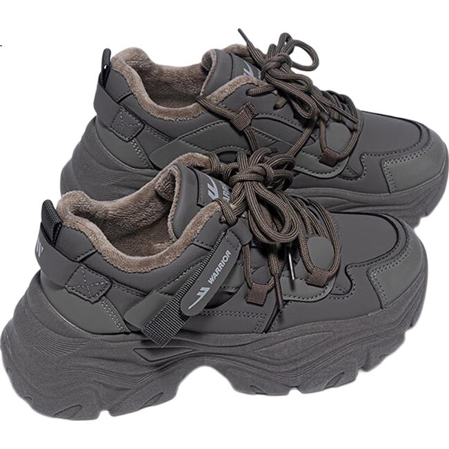 Warrior Women's Dad Sneakers Winter 2025 New Fleece Lined Warm Sports Shoes Versatile White Sneakers Coffee Green Size 36