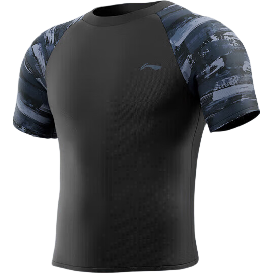 Li-Ning Men's Swimwear, Quick-Drying Breathable Sports Short-Sleeve Top, Large Size Anti-Embarrassment Loose Swimwear, 8022 Black Blue XXXL