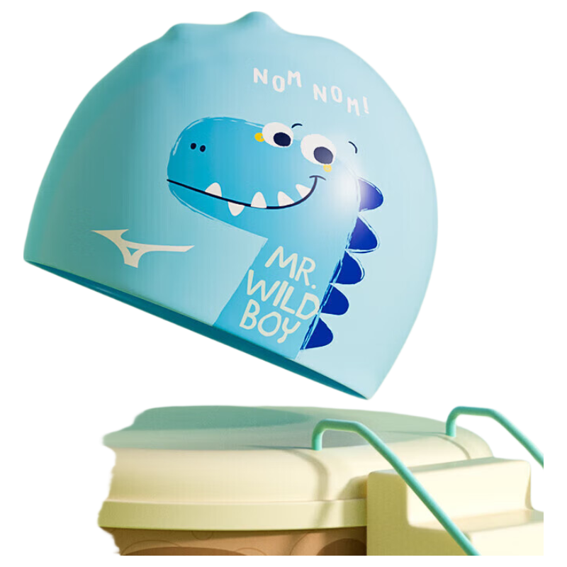 MIZUNO Children's Swim Cap for Boys, Silicone Non-Binding, Cute Professional Waterproof Ear Protection Printed Swimming Cap N2CW2S08 Blue Dinosaur